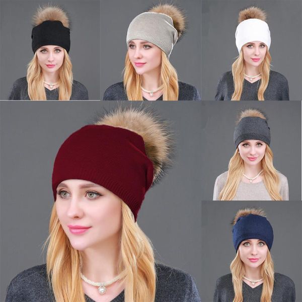 

beanie/skull caps thick double layer cashmere beanie for women big real raccoon fur pom hat winter slouchy, Blue;gray