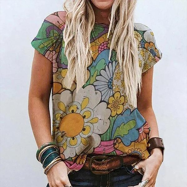 

o neck vintage pattern women shirt print elegant summer short sleeve pullovers casual female loose streetwear blusas, White