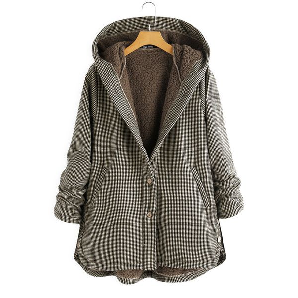 

coat autumn and winter womens plaid loose plus velvet buttons high street hooded jacket manteau femme en*, Black