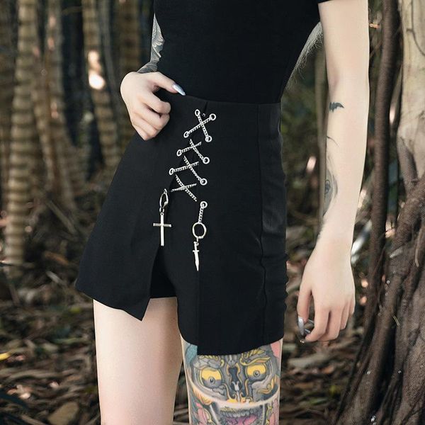 

skirts punk fake two piece mini with eyelet necklace pendant summer women 2021 gothic dark black bandage split