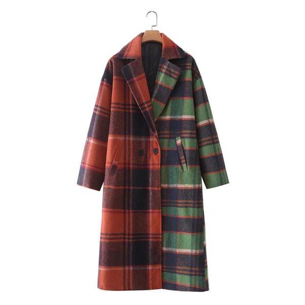 

women's wool & blends junwu autumn women green black plaid stitching printing suit collar pocket double-breasted long-sleeved woolen co