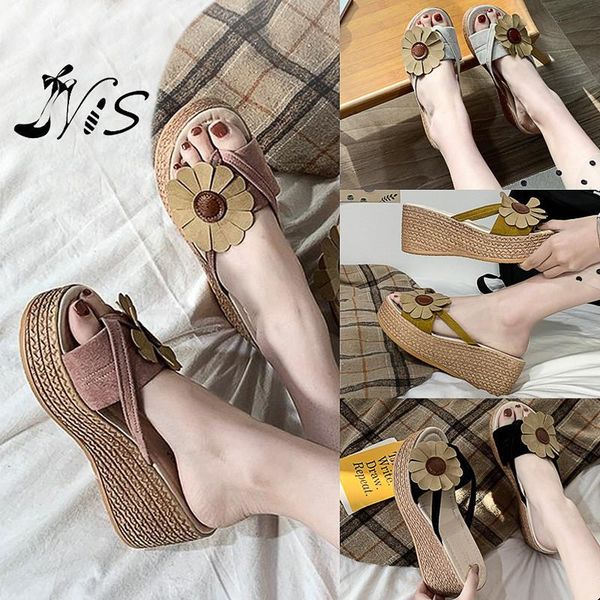 

slippers nis women summer flower clip toe flip flops woman casual shoes 2021 wedges female beach, Black