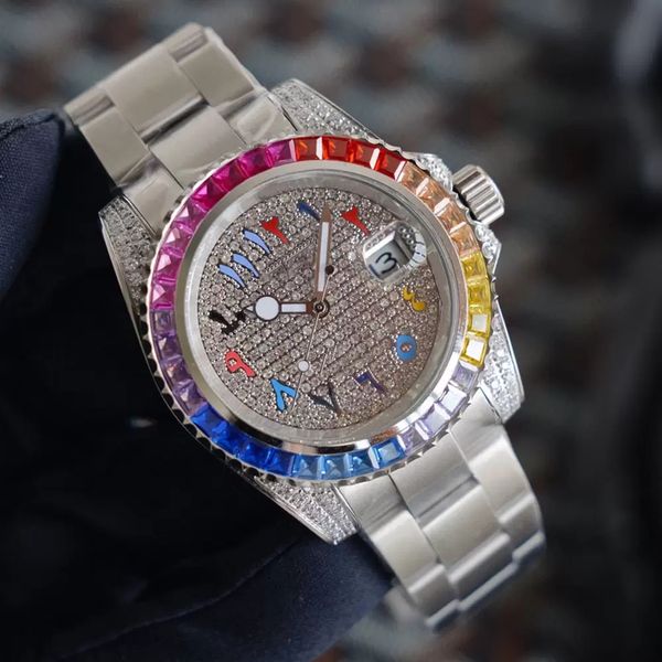 

iced out watches mens watch automatic mechanical watches 40mm diamond luminous wristwatches inlaid with natural hao stone montre de luxe hig, Slivery;brown