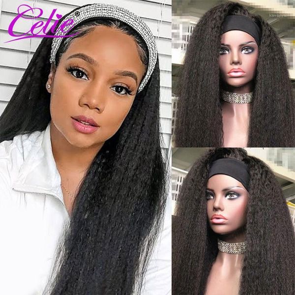 

celie hair headband wig kinky straight glueless 150% ice silk scarf human wigs for black women1, Black;brown