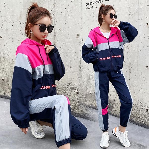 

two piece dress hooded sportswear sets womens outfits 3 color patchwork female pants suit clothes casual sweatsuit 2021, White