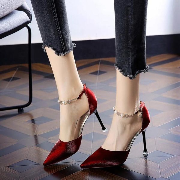 

silk red pointed toe shallow comfortable high heel shoes luxury buckle strap wedding shoes string bead women single, Black
