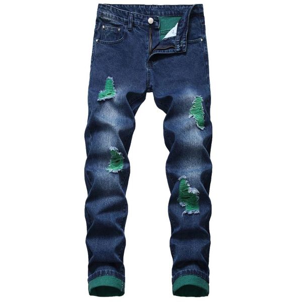 

men's jeans 2022 straight slim ripped youth fashion casual denim trousers, Blue
