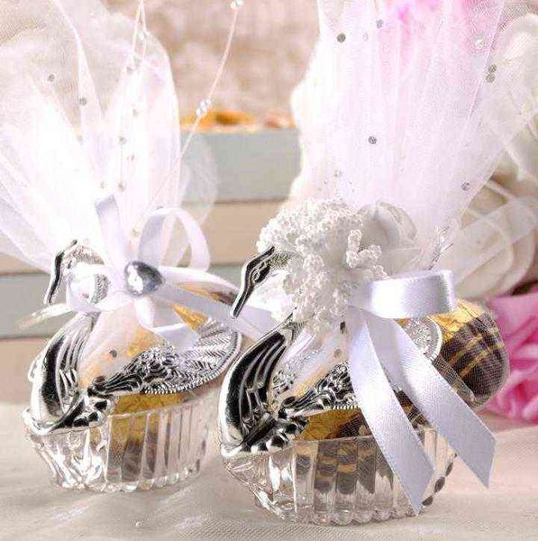 50 pezzi bianchi stili europei acrilico argento elegante cigno scatola di caramelle regalo di nozze bomboniera scatole di cioccolatini + accessorio completo H1231