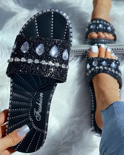 

slippers summer women rhinestone bling shiny flat heel peep toe 2021 slides fashion female ladies shoes zapatos de mujer1, Black
