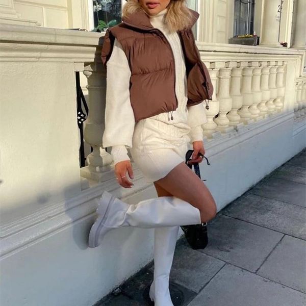 

women's vests 2021 women fashion brown cropped vest coat female stand collar zipper waistcoat ladies casual outerwear, Black;white