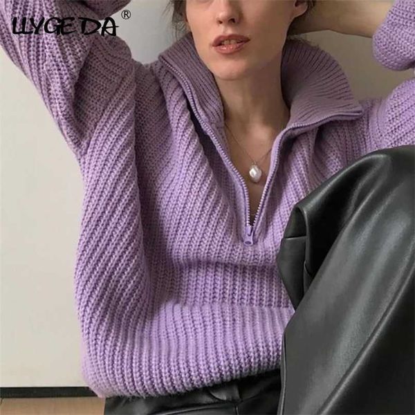 Viola addensare maglione da donna lavorato a maglia con cerniera polo colletto allentato casual maglione da donna pullover autunno inverno moda top 211103