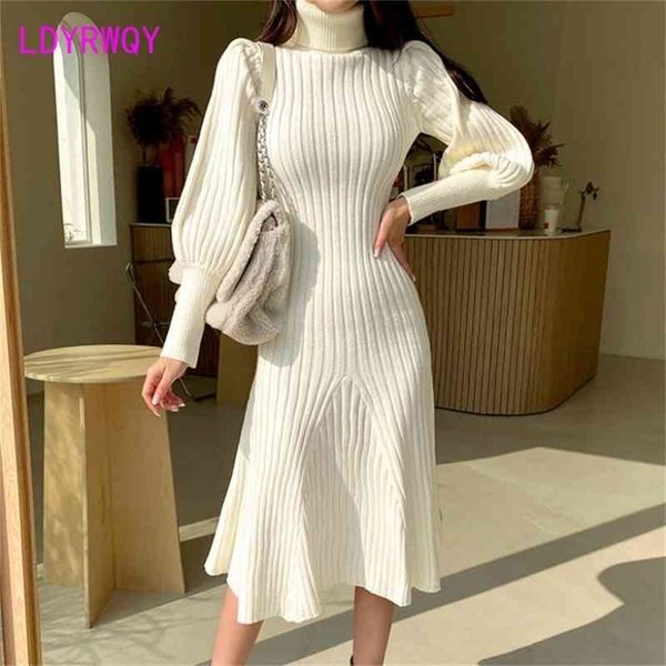 

autumn / winter knitted dres's retro lantern sleeves high neck slim fit and buttocks solid sheath 210603, Black;gray