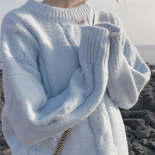 

women's sweaters women 2021 pullover mohair sweater female mori girl thick solid color twist knitted, White;black