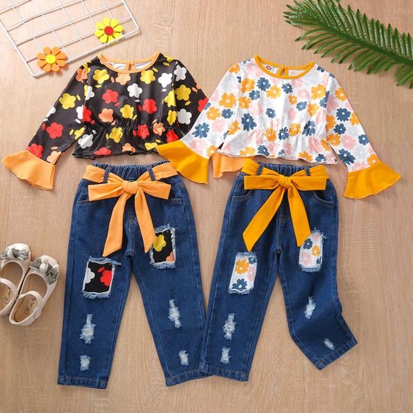 

clothing sets 2pcs kids autumn tracksuit, flower print long flare sleeves blouse + splicing elastic waist jeans for girls, 2-6 years, White