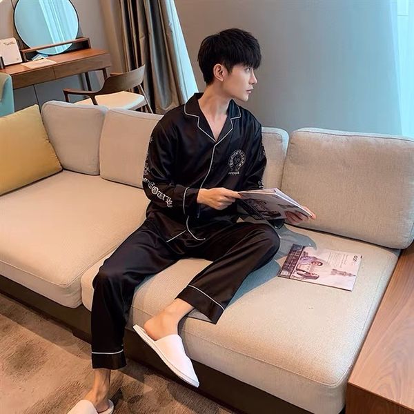 

chrome/heartslong spring and sleeve autumn new loose men's screen red crosin home suit ice silk korean pajamas casual, White;black