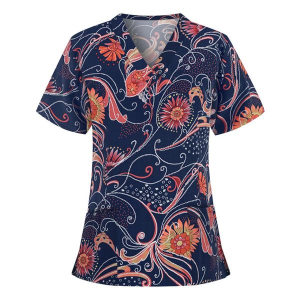 

women's t-shirt women floral printed cotton harajuku summer short sleeve v-neck pocket tshirt care workers tshirts #py, White