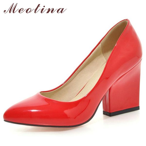 

dress shoes meotina high heels women pumps patent leather thick heel wedding fashion pointed toe lady red big size 33-43, Black