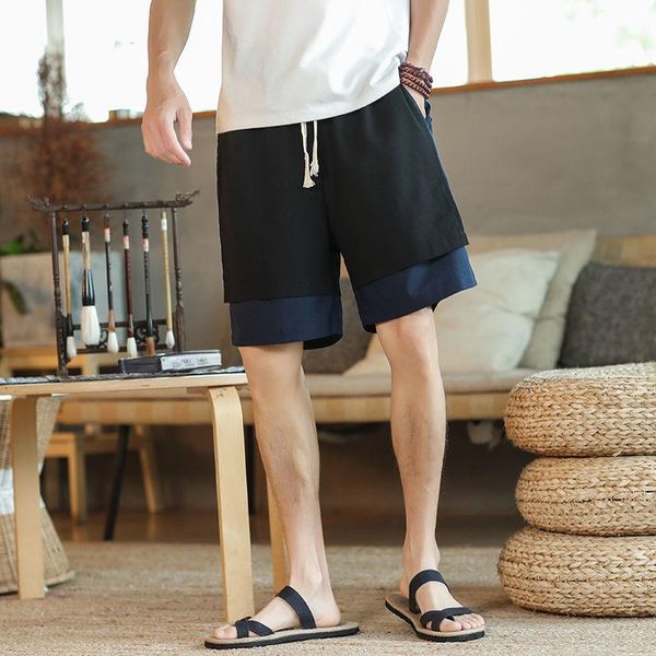 

mrgoldenbowl man 2021 summer fake 2 piece shorts men's loose cotton linen fashionable sweatpants male casual thin beach, White;black