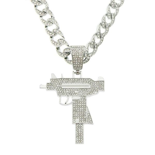 

pendant necklaces iced out full rhinestone submachine gun with hip hop big 11mm miami cuban chain hiphop fashion jewelry, Silver