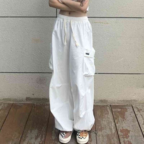 

women's pants & capris korean style streetwear white cargo women hippie oversize pockets black jogging loose wide leg trousers for, Black;white