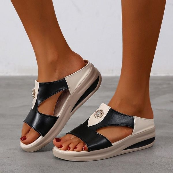 

sandals 2021 elegant comfortable summer casual shoes fashion women slippers non-slip wedges hollow cow leather, Black