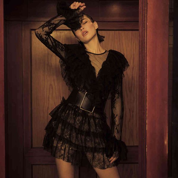 

black lace mini fashion women's summer dress long sleeve sashes evening runway club party outfit lady 210423, Black;gray