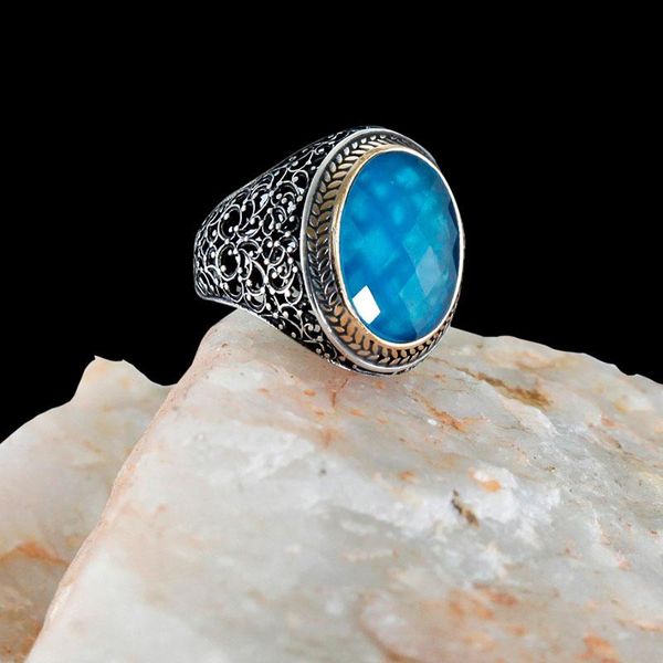 

cluster rings 925 sterling silver ring for man real pure aquamarine zircon stone handmade turkish jewelry, Golden;silver