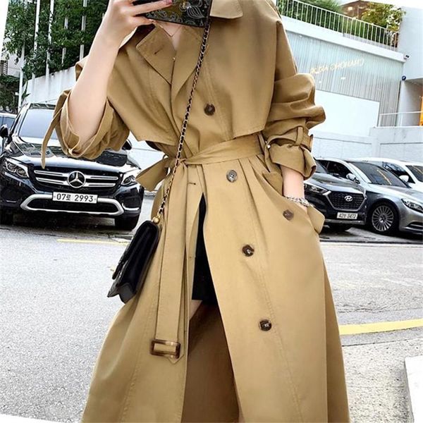 

women's trench coats khaki windbreaker female casual long coat overknee overcoats chic british autumn loose outwear with belt w38, Tan;black