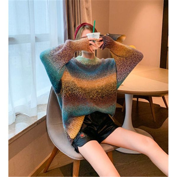 

women's sweaters mairuker sweater women 2021 o neck rainbow splice pullover female fashion stripe casual oversize knitting rm50257, White;black