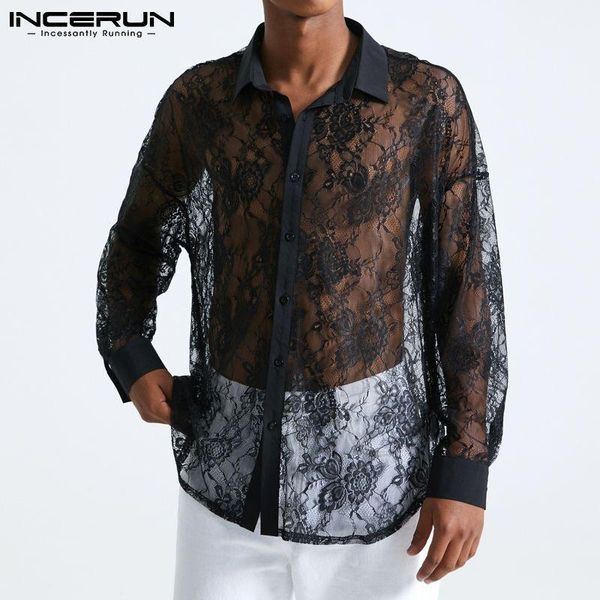 

men's casual shirts men mesh shirt transparent lace lapel long sleeve party nightclub streetwear 2021 fashion camisas incerun s-5xl, White;black