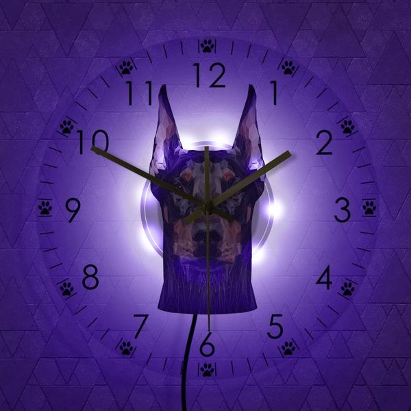 

wall lamp doberman pinscher head portrait printed acrylic clock non ticking led watch home decor puppy dog doggie light