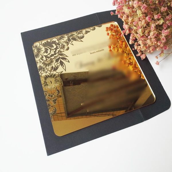 

greeting cards sample order for 7*7inch flower elements square shape golden mirror acrylic laser cut wedding invitation card