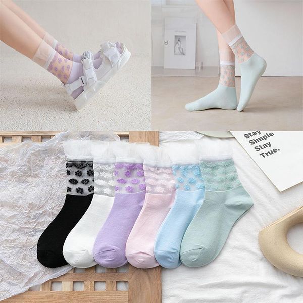 

spring and summer thin transparent middle tube japanese sweet lace high luokou glass silk women's socks candy color florets & hosiery, Black;white