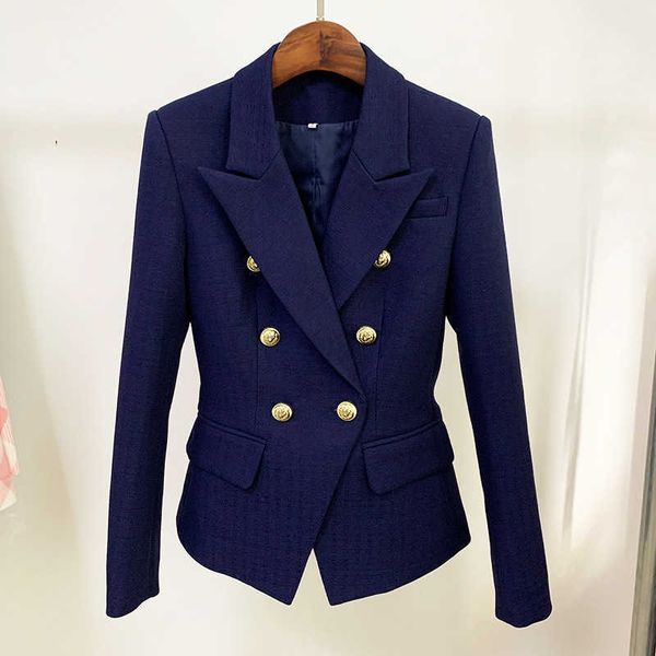 Donanma Mavi kadın Blazer Sonbahar 2021 Yeni Metal Altın Kruvaze Düğme Ince Pamuk Keten Blazers Ceketler Suit Dropshipping X0721