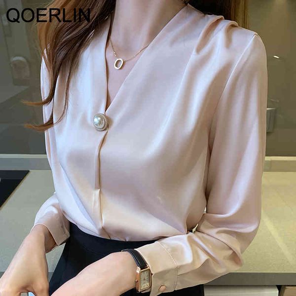 

blouses pink blouse plus korean v-neck fashion long sleeve female spring new beading button cuff loose ol shirt women, White