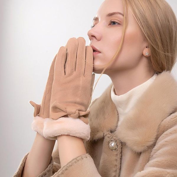 

five fingers gloves women' winter warm bowknot faux suede cashmere brushed and thick windproof  leisure outdoor touch screen, Blue;gray