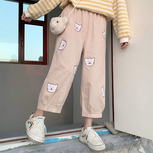 

women's jeans female slacks for fall, style, cute cat print, casual elastic waist, japanese, soft, girl, college loose pants hjha, Blue