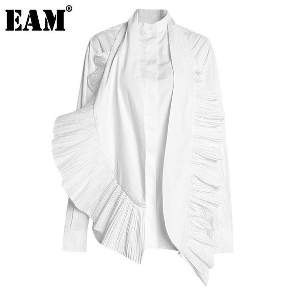 

women's blouses & shirts [eam] 2021 spring autumn stand collar long sleeve white pleated spliced loose two piece shirt women blouse fas