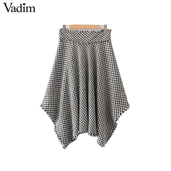 

skirts vadim women chic plaid asymmetrical skirt faldas mujer houndstooth fringe tassels pleated female fashion midi ba230, Black