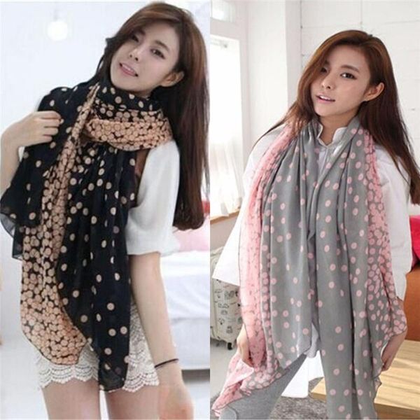 

women lady spring autumn warm soft long voile neck large dots scarf 1pcs wrap shawl pink grey wholesale 2 styles scarves, Blue;gray