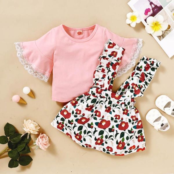 

baby girl sister pography outfit clothes lace decor short sleeve flower suspender skirt sets clothing, White