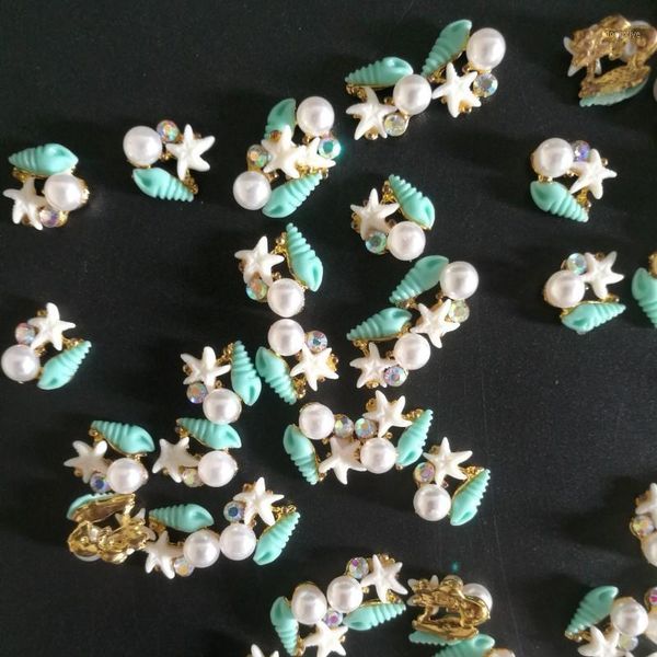 

blue starfish/conch rhinestones/pearls 10pcs/lot mini nail charms gold plated alloy art decorations 3d diy manicure 27111, Silver;gold