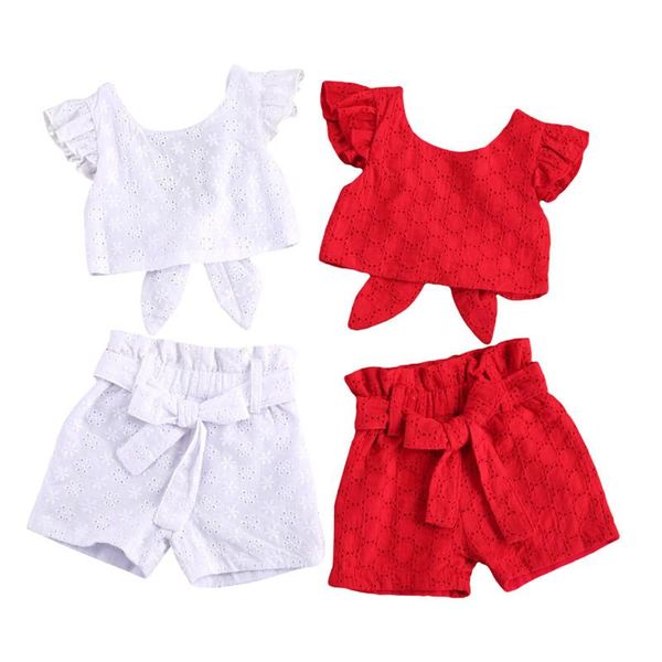 

clothing sets summer toddler kid baby girls clothes set sleeve hollow +belt bowknot shorts outfits for 6m-5y children, White