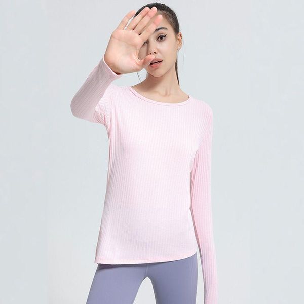 

yoga outfit women t-shirt european american ribbed skin-friendly nude long-sleeved quick-drying breathable slim running sports fitness