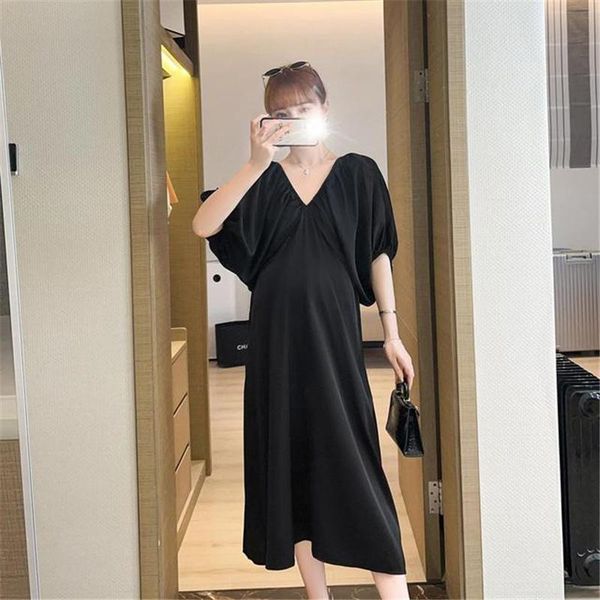 

maternity dresses dress v-neck bubble sleeves pregnant women skirt mid calf summer white/black