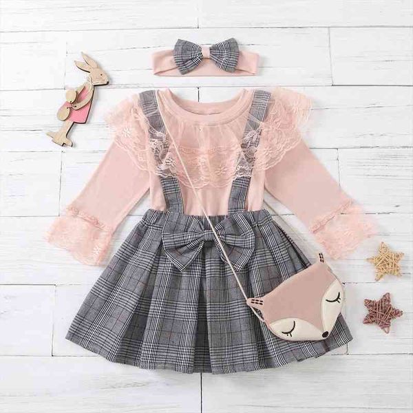 

girl european and american grid strap bow lace skirt pants set cute sweet 1y-6y, White