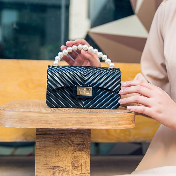 

evening bags fashion diamond chain pearl women's handbag pvc shiny multifunctional jelly bag wild simple striped one-shoulder diagonal