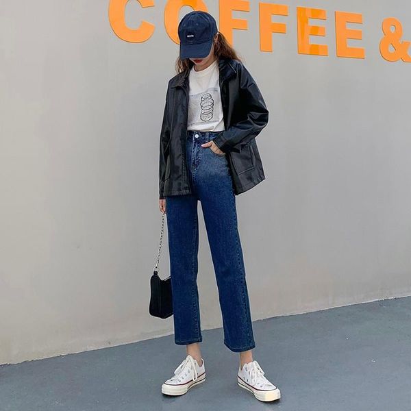 

stretch straight mom jeans autumn winter denim pants casual loose vintage jean trousers ladies high waist plus size women's, Blue