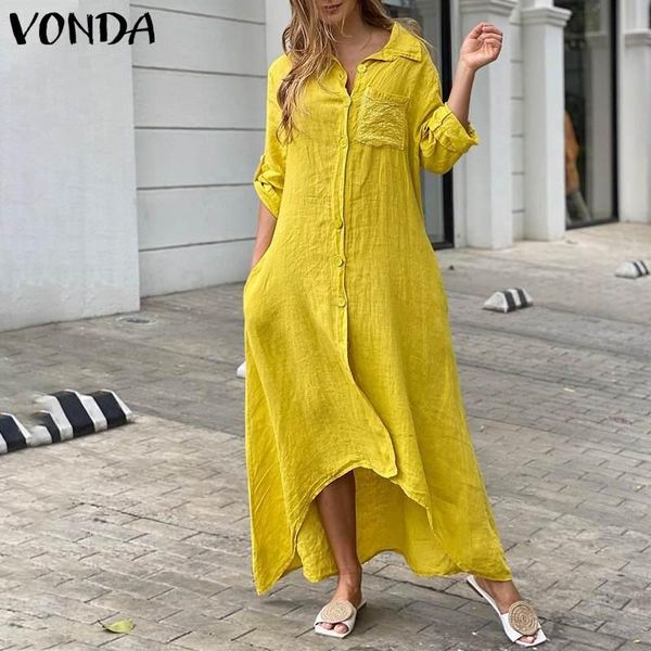 

casual dresses women dress 2021 vonda solid color pleated asymmetric hem long maxi lapel collar button up sleeve vestido, Black;gray