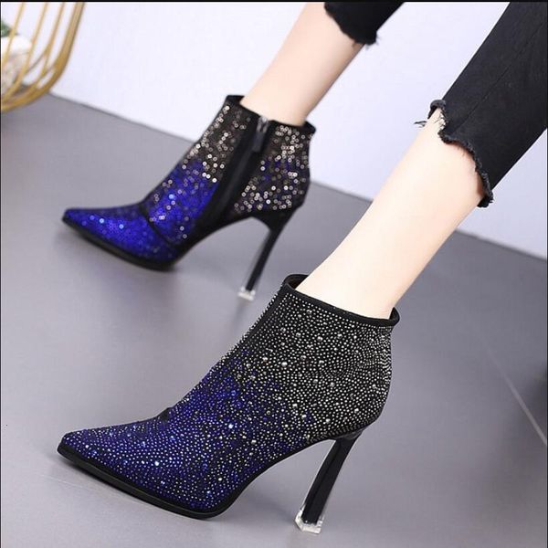 

shoes high-heeled short woman ankle boots pointed toes women's winter shoes rhinestone color matching side zip blue black 73cq